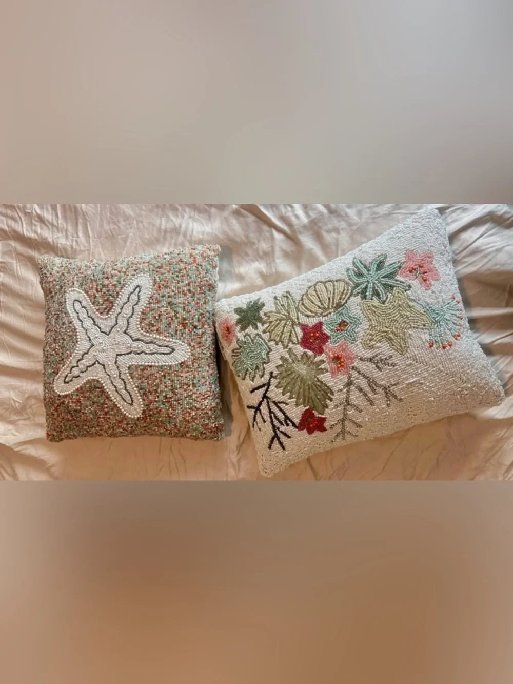 Beaded Floral Accent Pillow - Cream with Green & Coral